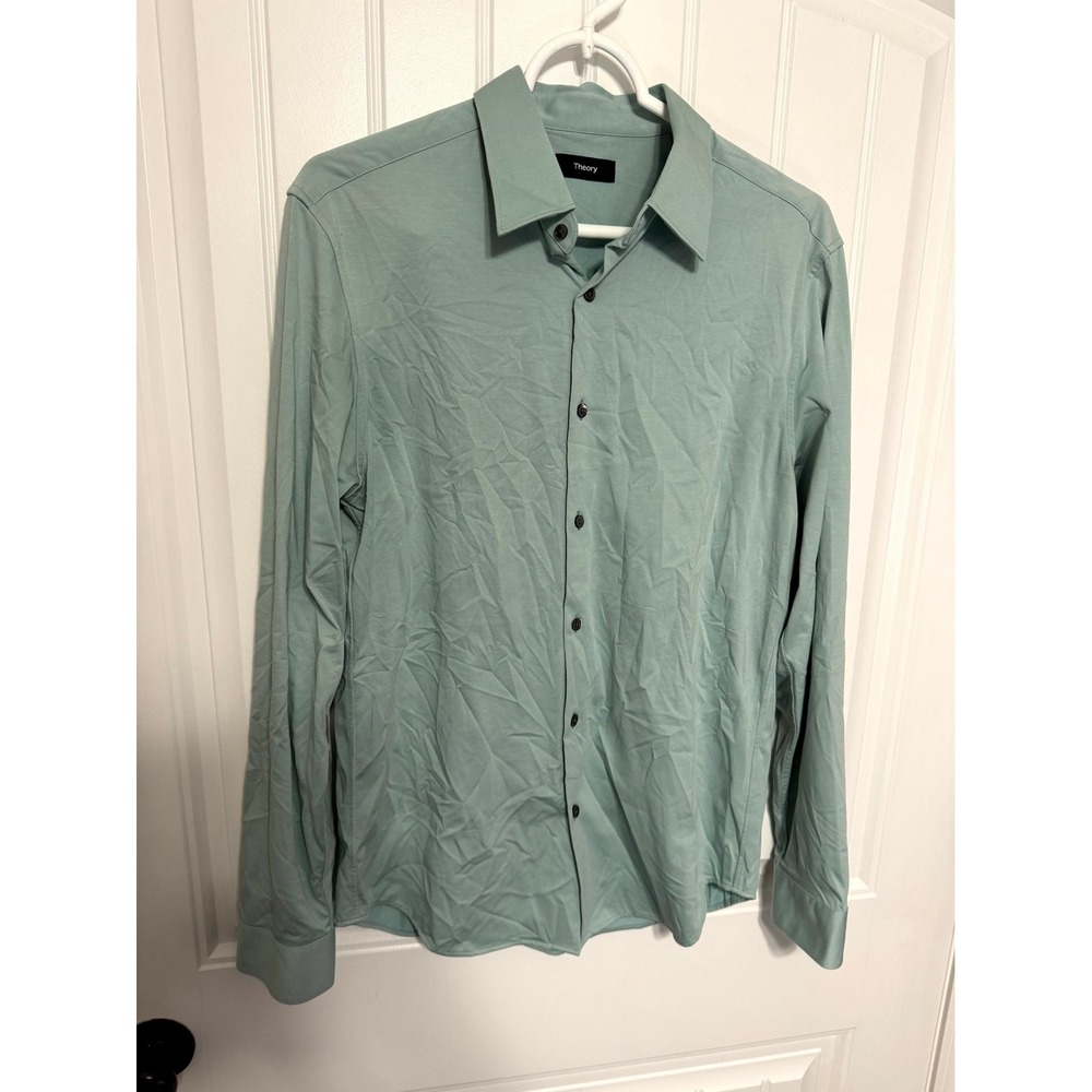 Theory Sylvain ND Structure Knit Shirt Mens Medium Sage Green Long Sleeve